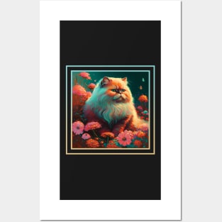 Sassy Persian Cat Vibrant Tropical Flower Neon Digital Oil Painting Pet Portrait Posters and Art